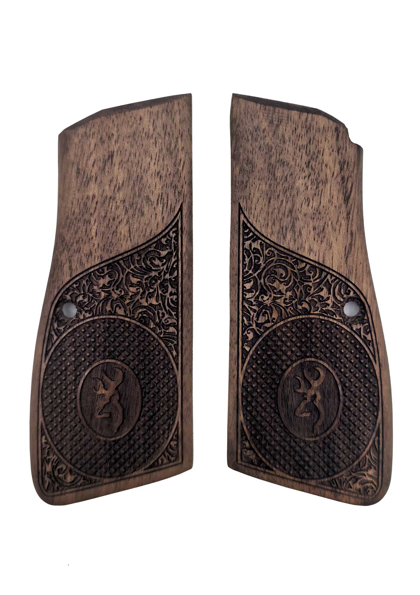 Browning HP Uyumlu Muadil Ahşap Kabze Takımı Floral Logo Desenli Model 017