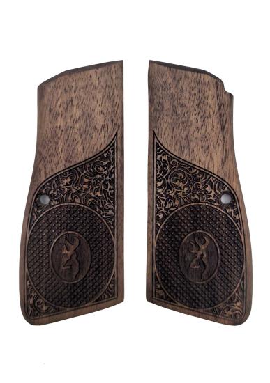 Browning HP Uyumlu Muadil Ahşap Kabze Takımı Floral Logo Desenli Model 017
